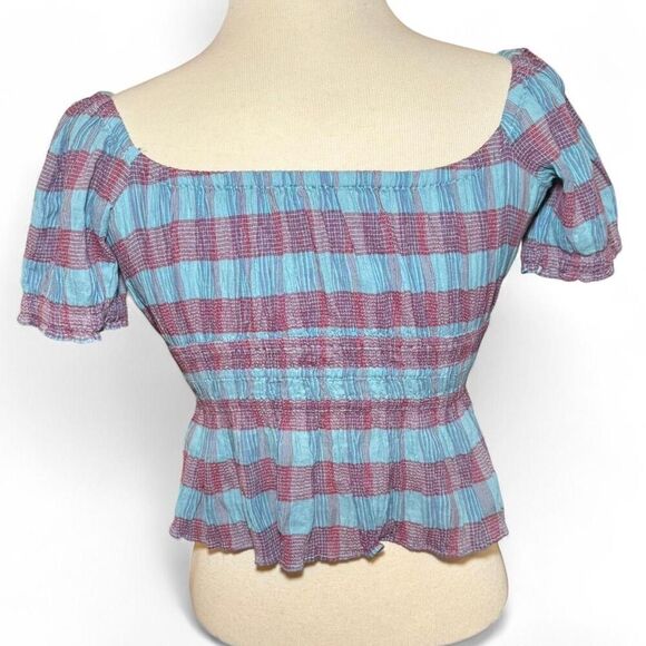 Free People smocked off shoulder plaid peplum peasant top with tie front Sz XS - Picture 5 of 8
